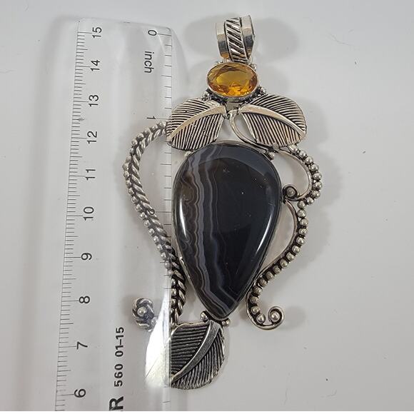 Handmade Silver Pendant with Black Banded Agate & Citrine in Leaf Motif Setting - Picture 2 of 9